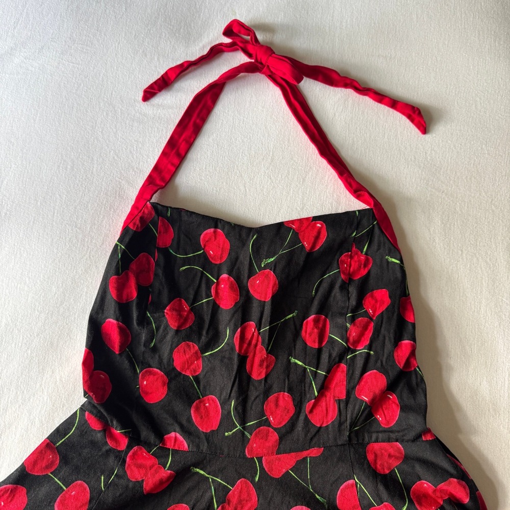 Orchid Bloom Cherry Print Halter Swing Dress 14 Black Red Rockabilly Retro Fruit